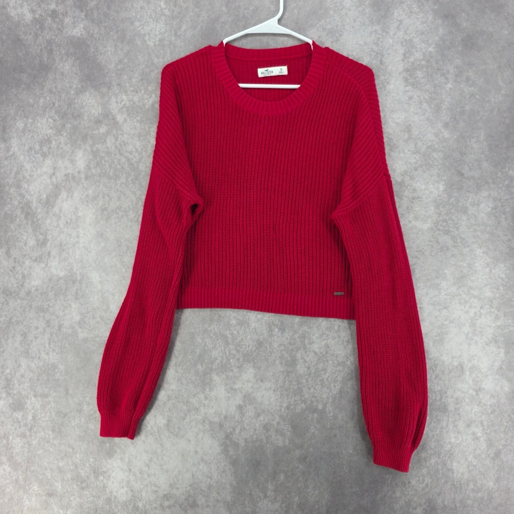 Hollister Red Shaker Stitch Cropped Crewneck Sweater Small Long Sleeve Pullover